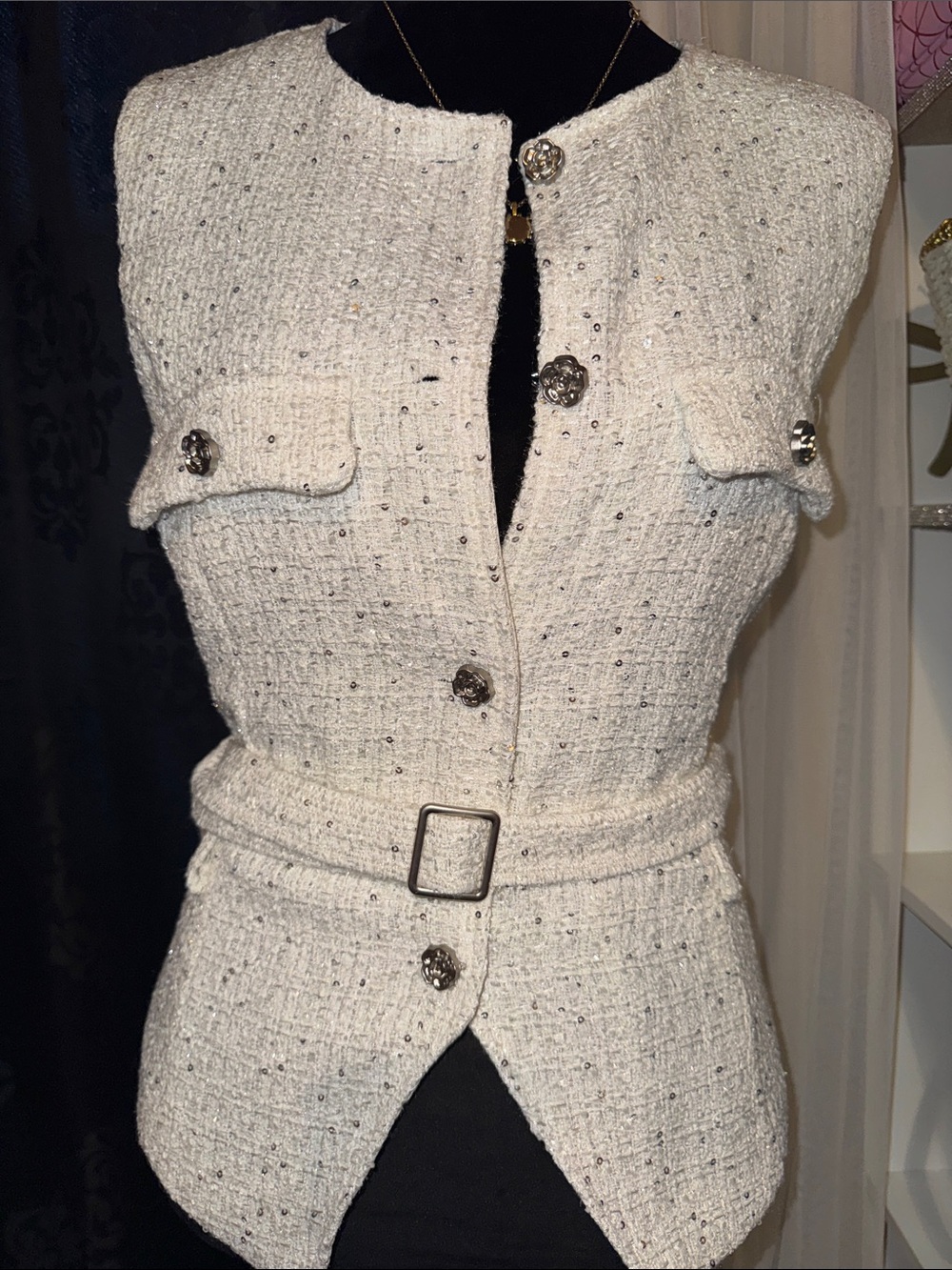 Fashion Nova white Tweed Belted Vest